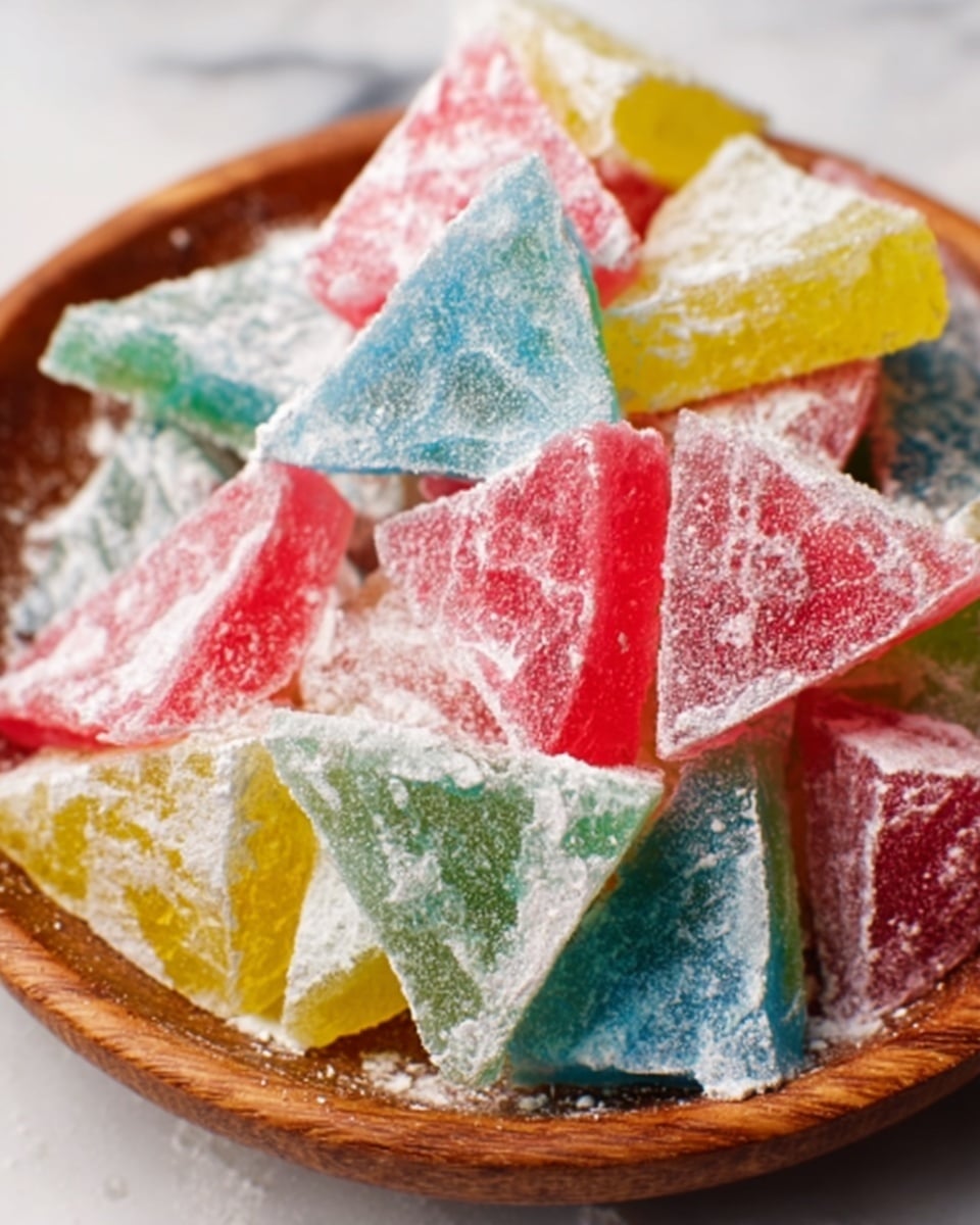 The image shows a close-up of a wooden bowl filled with bright, colorful layered jelly candies dusted with white powdered sugar. Each candy piece is triangular and made of multiple translucent layers in shades of pink, yellow, green, and blue, creating a shiny and smooth texture. The candies are stacked unevenly inside the bowl, with some powder scattered around them, highlighting their sugary coating. The background is a white marbled texture. Photo taken with an iphone --ar 4:5 --v 7