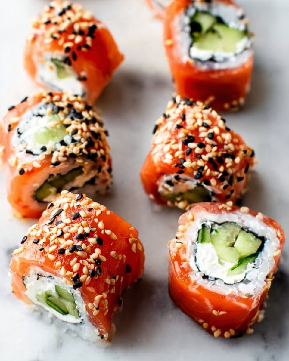 A round white plate shows eight sushi rolls, each with three visible layers: an outer bright orange layer of salmon, a middle layer of white rice sprinkled with black and white sesame seeds, and an inner filling of light green avocado slices. The sushi pieces are arranged in a loose circle, with a small white dish filled with dark soy sauce placed near the bottom of the plate. A pair of black chopsticks lies nearby on a white marbled surface. The photo taken with an iphone --ar 4:5 --v 7