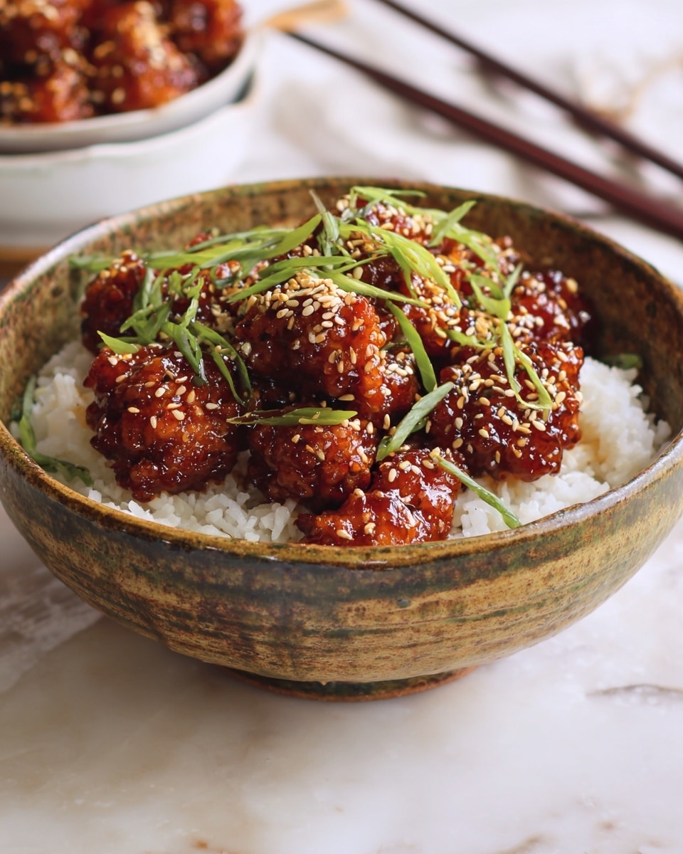 A rustic bowl filled with two layers: the bottom layer is fluffy white rice with soft texture and visible grains, and the top layer is deep reddish-brown pieces of crispy fried chicken covered with a thick, shiny sauce sprinkled with light tan sesame seeds and bright green chopped spring onions scattered evenly on top; the bowl itself has a worn, glazed look with earthy tones, set on a white marbled textured surface with a pair of dark brown chopsticks partially visible to the top right, and a white bowl with more chicken blurred in the background. photo taken with an iphone --ar 4:5 --v 7