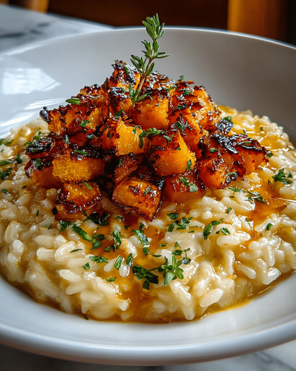 The dish shows a white plate with two main layers: the bottom layer is a creamy, light yellow risotto with visible grains of rice and a slightly glossy texture. On top, there is a generous heap of golden-brown roasted cubes, likely squash or pumpkin, charred lightly on the edges and glistening with oil. Tiny green herb pieces are sprinkled all over the risotto and roasted cubes, with a small sprig of fresh green herb standing upright in the center. Around the risotto, there are streaks of a reddish-brown sauce adding contrast. The plate sits on a white marbled surface. Photo taken with an iphone --ar 4:5 --v 7