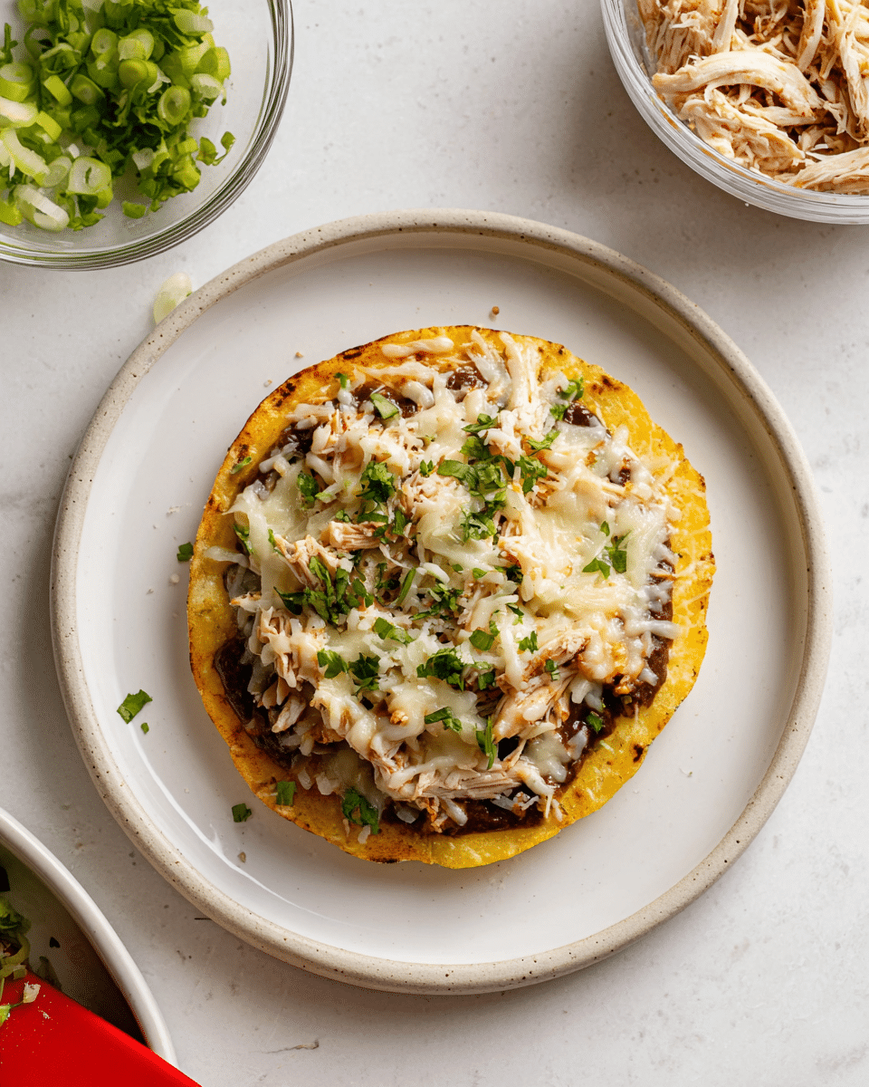 A white plate holds a three-layer dish starting with a base of golden-brown crispy tostadas, followed by a thick dark brown refried beans layer, topped with a creamy white melted cheese layer featuring slightly browned spots, and scattered cooked chicken pieces with a light beige color. The dish is garnished with fresh chopped green herbs on top. The scene has a white marbled texture surface with a blurred bowl containing green dip and a reddish container in the background. photo taken with an iphone --ar 4:5 --v 7