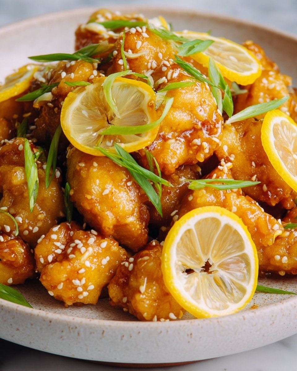 A white plate holds many pieces of golden-brown fried chicken, each piece shiny with a sticky lemon sauce. The chicken pieces are topped with thin green scallion slices and sprinkled with small white sesame seeds. There are three lemon slices placed on top of the chicken, adding a bright yellow color contrast. A silver spoon rests at the edge of the plate. The plate is placed on a white marbled surface. photo taken with an iphone --ar 4:5 --v 7