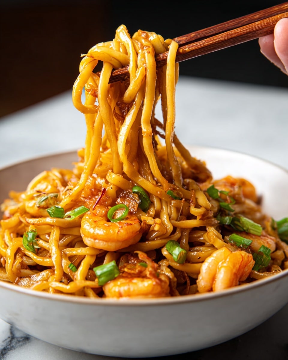 A white round bowl filled with thick yellow-brown noodles coated in sauce, mixed with six medium-sized, slightly charred shrimp scattered throughout. Bright green chopped scallions sit in the center on top of the noodles as garnish. A pair of wooden chopsticks with blue and white patterns rests on the edge of the bowl. The bowl sits on a white marbled textured surface. photo taken with an iphone --ar 4:5 --v 7