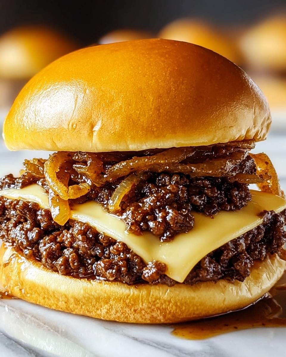 A close-up view of a sandwich showing three main layers. The top layer is a shiny, golden-brown burger bun with a soft texture. Below it, there is a second layer of cooked onions, light brown and translucent with a glossy look from the sauce. The third layer features browned ground beef mixed with melted white cheese that is slightly oozing out, sitting on a soft, light beige bottom bun. The sandwich is placed on a white plate, all set against a white marbled surface. Photo taken with an iphone --ar 4:5 --v 7