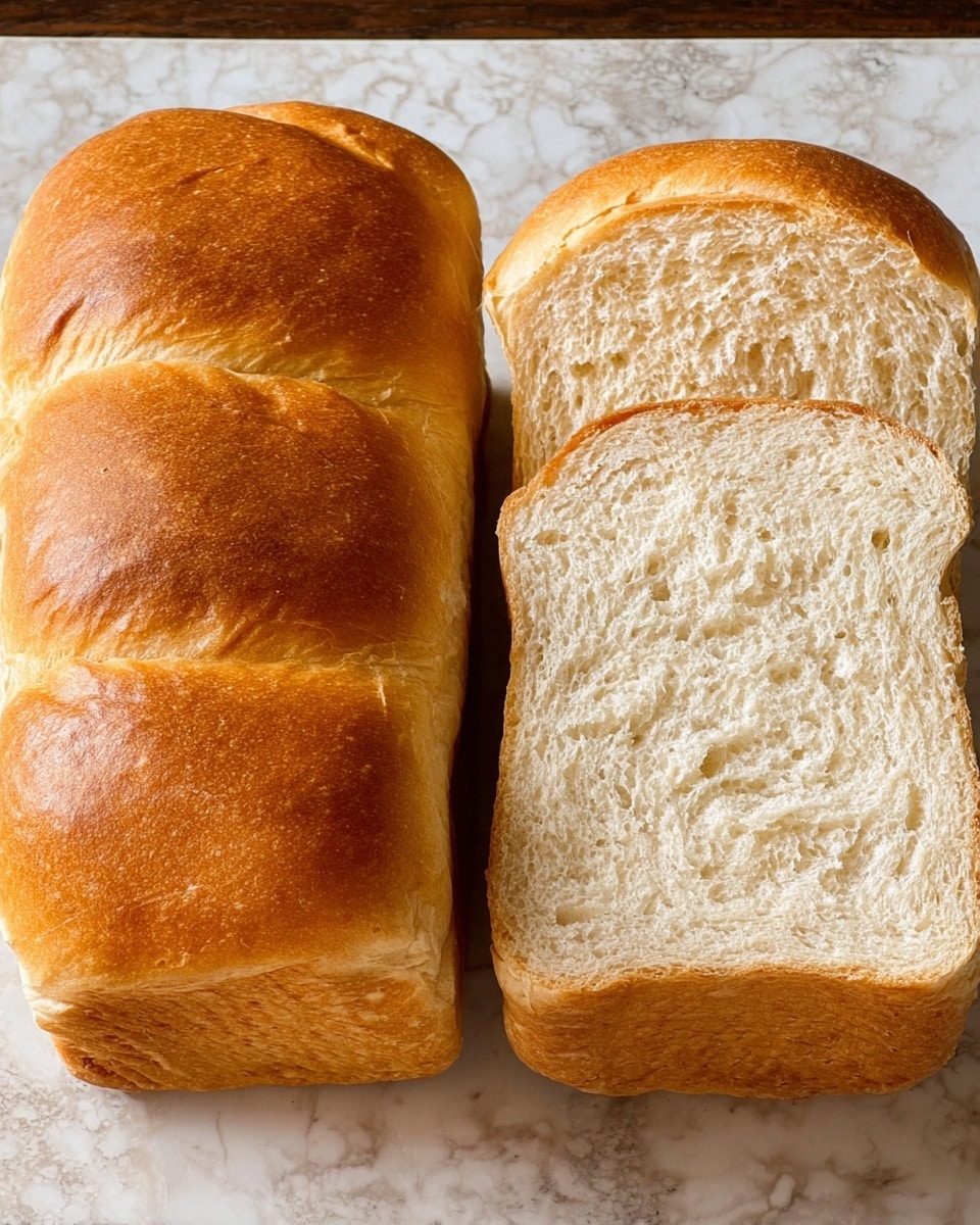The image shows two loaves of bread placed side by side on a wooden surface. The loaf on the left is whole with a golden brown crust, slightly shiny, and has a soft texture with a few white flour spots. The loaf on the right is cut in half, revealing fluffy, white, and airy inside with small holes. The crust on the cut loaf is golden brown and smooth with a few ridges on top. Both loaves have a slight crispiness on the edges. The background is a white marbled texture. photo taken with an iphone --ar 4:5 --v 7