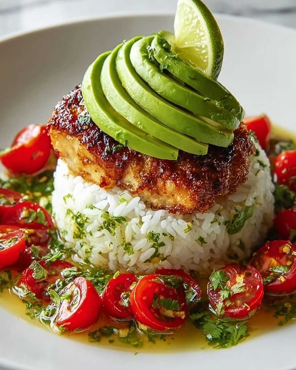 The dish is served on a white plate placed on a white marbled surface. The bottom layer is a round mound of white rice tightly packed, topped by a thick grilled fish fillet with a crispy, golden-brown crust. Above the fish, there is a neat fan of thinly sliced green avocado with a smooth texture. Around the base of the dish, there are halved red cherry tomatoes and fresh green chopped herbs scattered in a light sauce. A lime wedge is placed leaning against the avocado, completing the fresh look. photo taken with an iphone --ar 4:5 --v 7