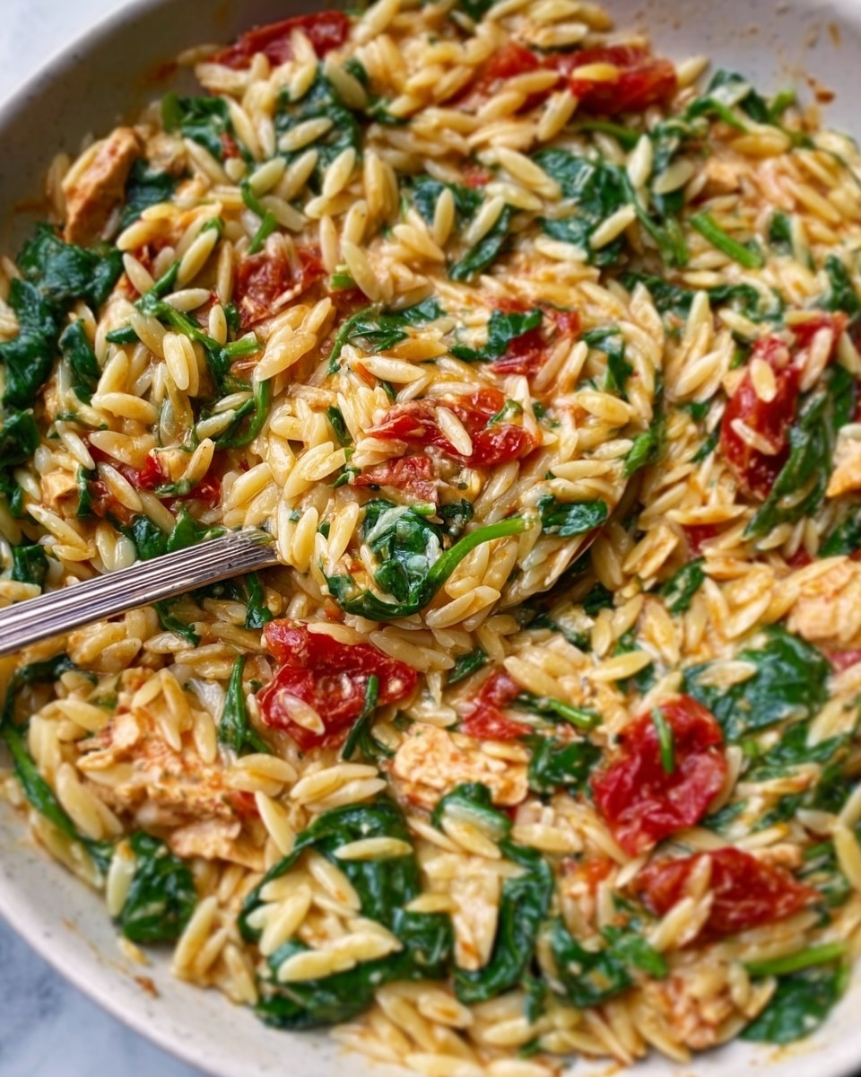 The image shows a close-up of a dish featuring orzo pasta mixed with cooked spinach and pieces of tomato. The orzo forms a main layer, light golden in color with a slightly soft texture. Green spinach leaves are scattered and mixed evenly throughout the pasta, adding a fresh and leafy texture. Bright red tomato pieces appear cooked and softened, sitting on top and inside the pasta mixture. Small bits of creamy white cheese or sauce are visible, coated lightly over the orzo and vegetables, giving a moist and rich look. A silver spoon is placed inside the dish, ready for serving. The dish is set against a white marbled background. photo taken with an iphone --ar 4:5 --v 7