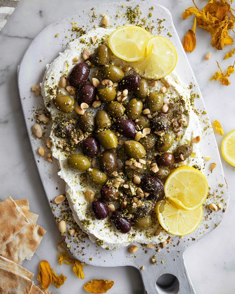 A white plate with a black abstract pattern holds a layered dish starting with a base of thick, white creamy cheese spread unevenly across the plate. On top, there is a generous pile of green and dark purple olives, some shiny and smooth, scattered with small pine nuts and a light dusting of seasoning. Two lemon slices, one whole and one quarter, are placed on the sides of the olives. A few dried yellowish-orange flower petals are added as decoration. Surrounding the plate are pieces of light tan pita bread and a wooden spoon sprinkled with green spice mix, all set on a white marbled surface. photo taken with an iphone --ar 4:5 --v 7