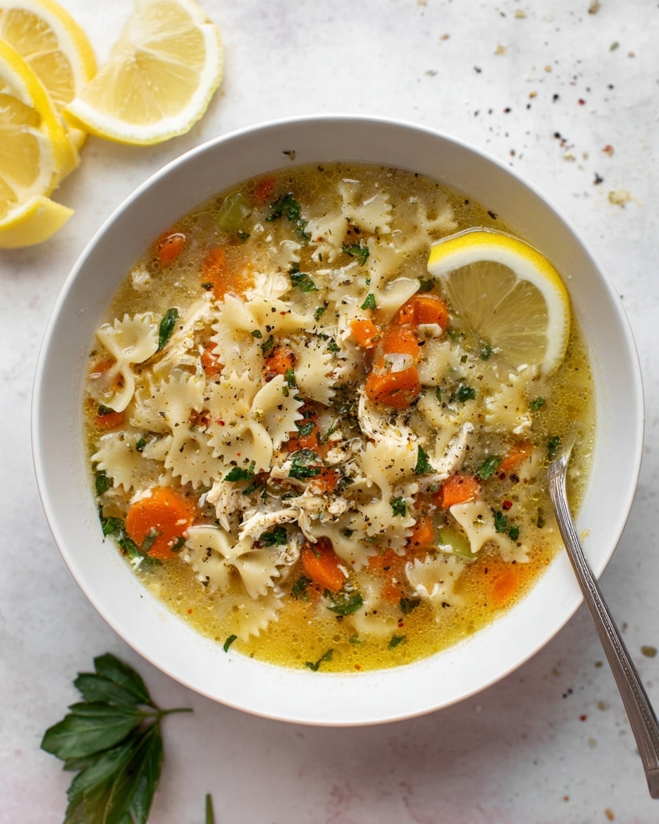 The image shows a close-up of a white bowl filled with golden-yellow broth soup that has small round pasta, bright orange carrot chunks, and bits of green herbs and celery. A silver spoon is scooping a portion in the middle, displaying the soup's thick texture with visible pasta, carrot pieces, and small white flakes that look like cheese or chicken. The broth has a slightly oily surface with herbs sprinkled throughout. The background is a white marbled texture. photo taken with an iphone --ar 4:5 --v 7