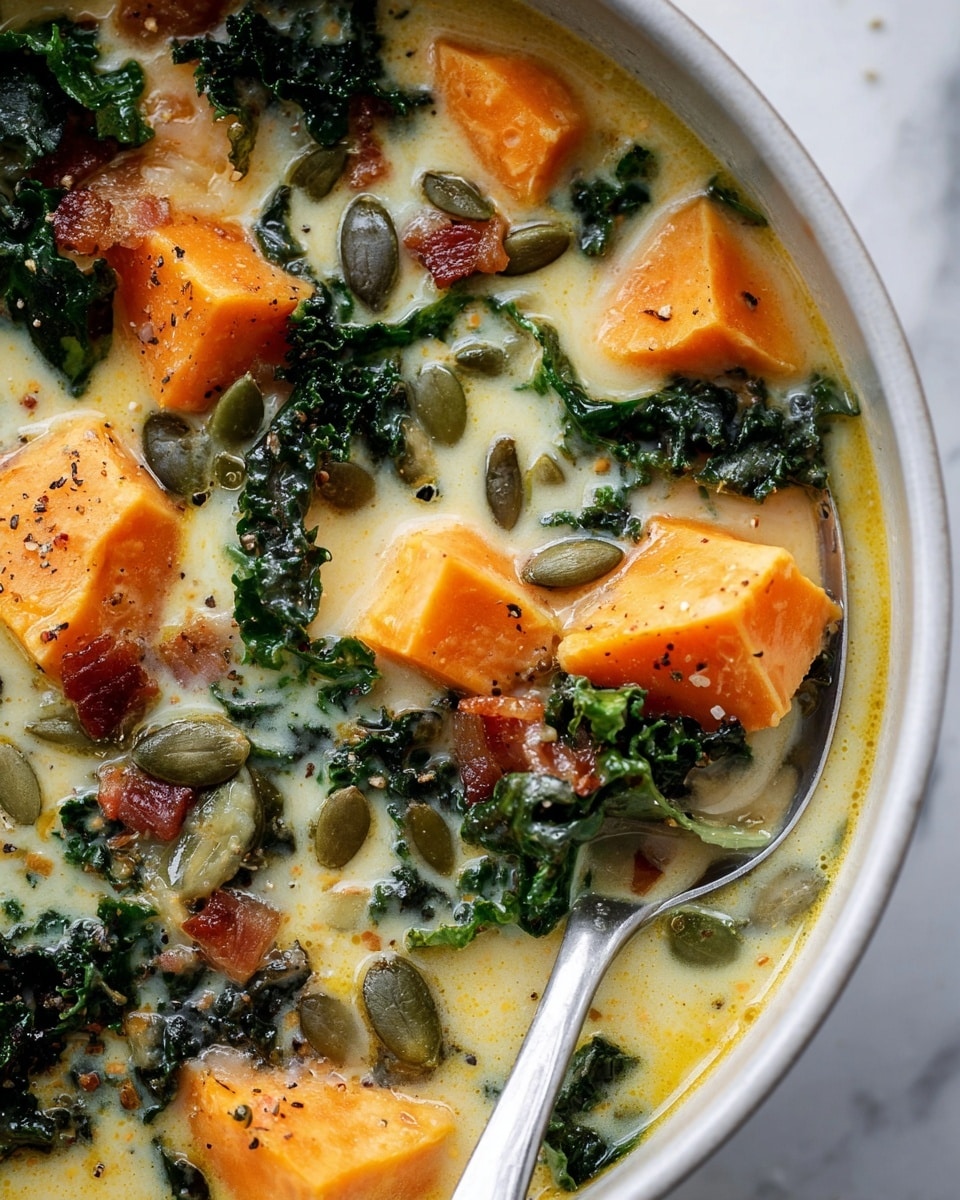 The image shows a creamy soup with chunks of bright orange sweet potatoes floating in the light yellow broth. There are dark green leafy kale pieces scattered throughout, with small round pumpkin seeds dotting the surface. Tiny bits of crispy brown bacon are mixed in, adding texture and color contrast. A silver spoon rests in the soup with a scoop holding sweet potato, kale, and pumpkin seeds. The soup is in a white bowl set on a white marbled surface. The broth looks rich and smooth with a few drops of oil and pepper sprinkled on top. Photo taken with an iphone --ar 4:5 --v 7