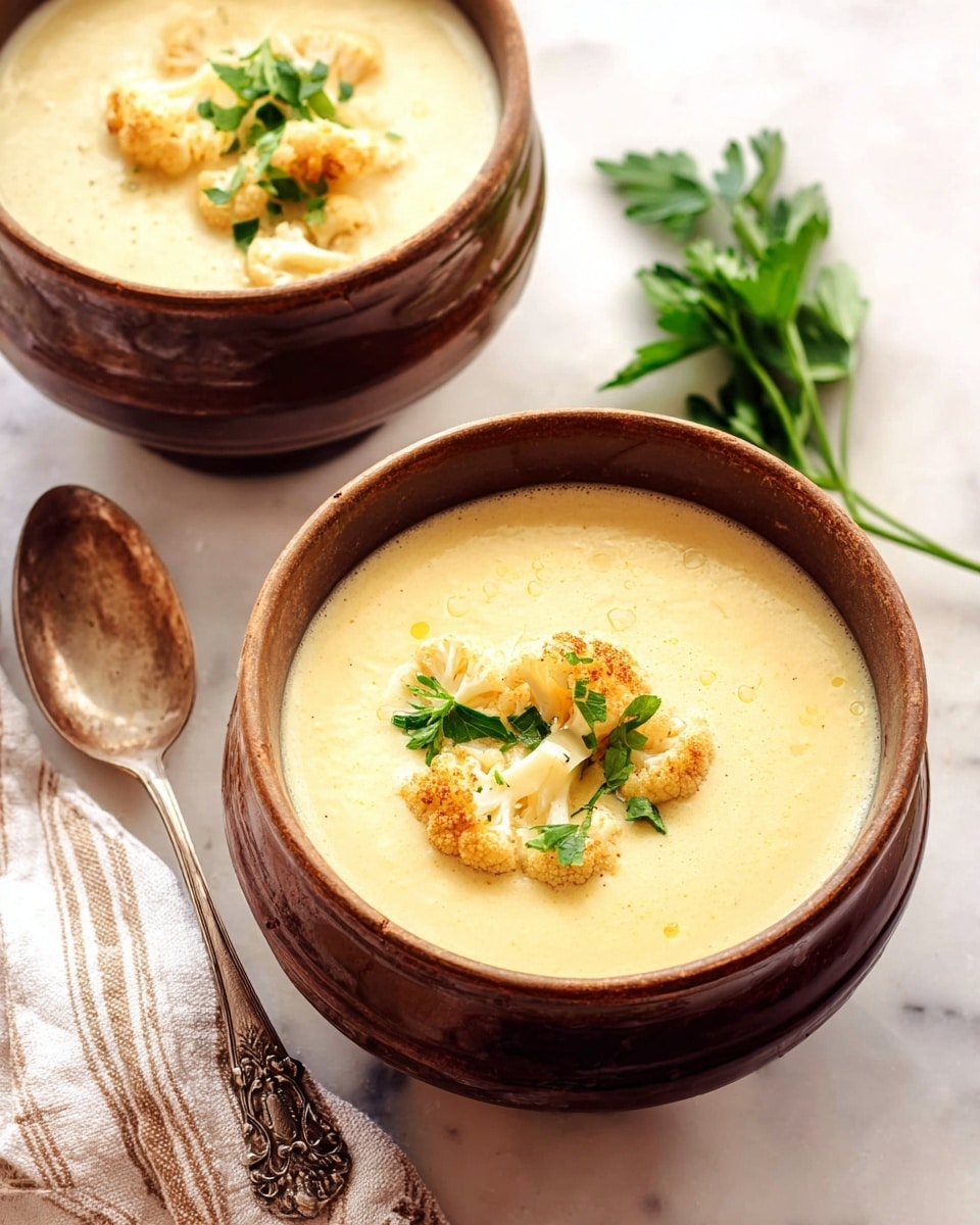 Two bowls of creamy soup sit on a white marbled surface, each bowl filled with a smooth, pale yellow soup. The soup has a creamy texture and is topped with small pieces of lightly browned cauliflower and some fresh green herbs. The bowls are brown with a rustic, slightly textured look and have a wide rim and sturdy base. Nearby, a silver spoon with a decorative handle holds a sprig of fresh parsley. A soft, striped cloth is partially visible beside one bowl, adding a cozy touch. Photo taken with an iphone --ar 4:5 --v 7