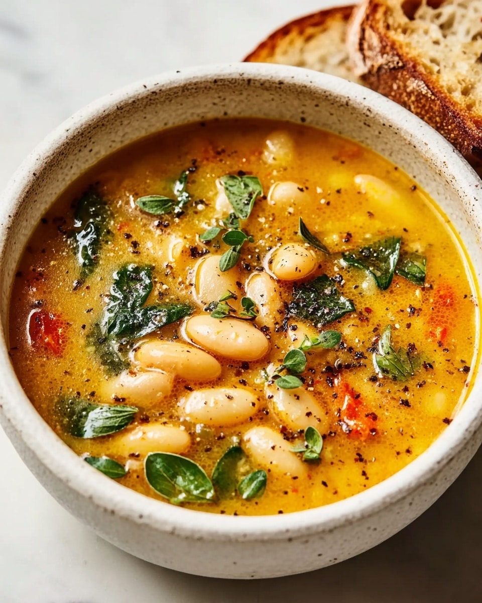 A white speckled bowl filled with a warm yellow-orange soup that has a smooth texture mixed with whole white beans scattered mostly on the surface. Bright green chopped herbs are sprinkled on top along with small red pieces of tomato and a light drizzle of olive oil. The soup is speckled with black pepper and small herbs, creating a fresh and inviting look. In the background, slices of toasted brown bread sit on a white marbled surface. Photo taken with an iphone --ar 4:5 --v 7