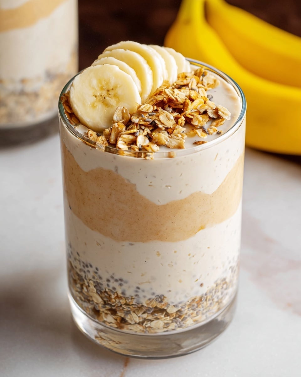 A clear glass filled with three visible layers of a creamy oat and chia mixture at the bottom, followed by a thick light beige yogurt layer mixed with small oats and seeds in the middle, and topped with a smooth, creamy beige layer. On top, there is a layer of banana slices arranged in a small pile, sprinkled with granola pieces that have varying shades of golden brown. The glass is placed on a white marbled surface, and in the background, there is a yellow banana visible. Photo taken with an iphone --ar 4:5 --v 7
