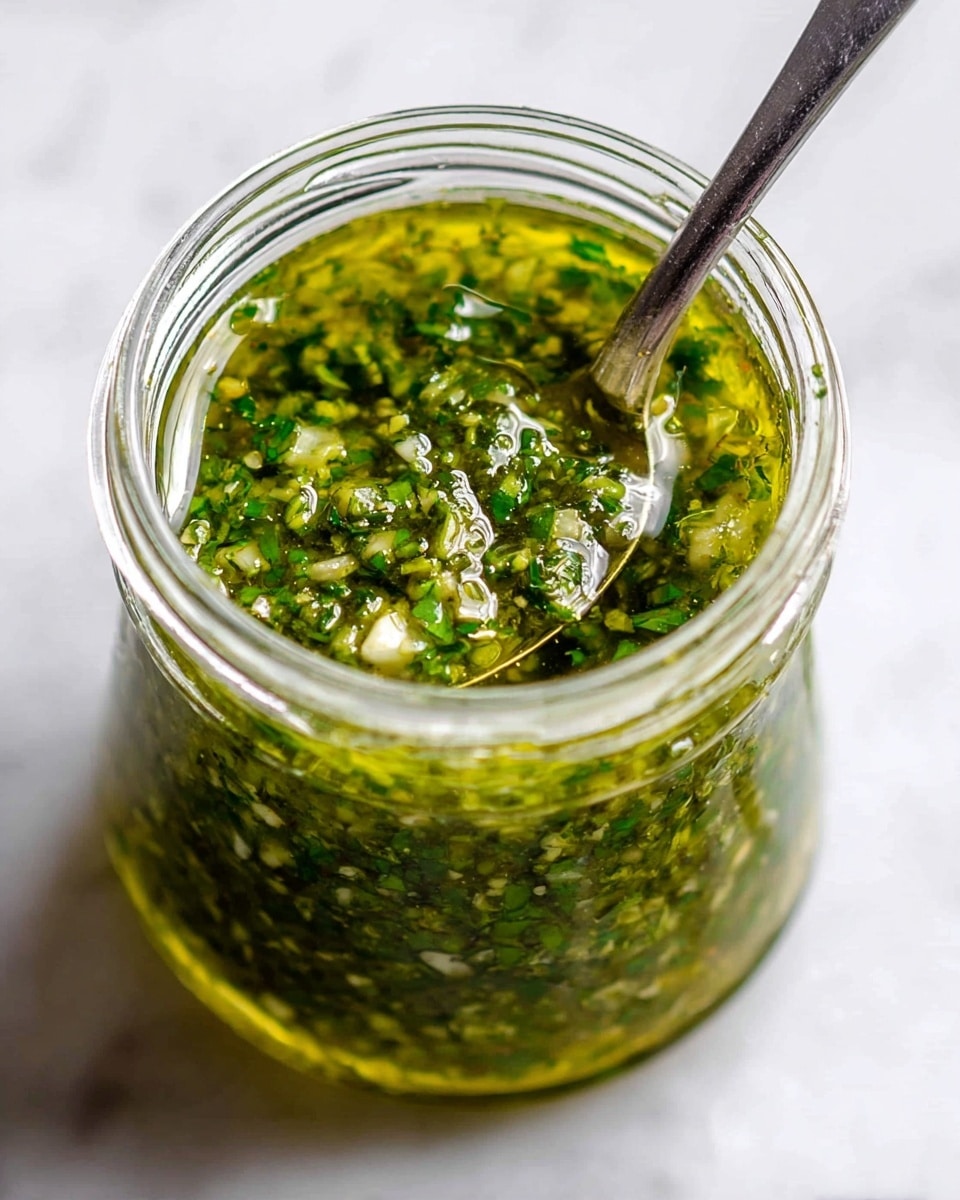 A close-up view of a clear glass jar filled with fresh green herb sauce, showing a thick, coarse texture with finely chopped herbs suspended in golden-yellow oil. The sauce is layered evenly inside the jar, with small bits of herbs visible throughout. A silver spoon is partially immersed in the sauce, resting against the jar's edge. The jar is placed on a white marbled surface with a soft, bright background, highlighting the rich green color and glossy oil sheen of the sauce. photo taken with an iphone --ar 4:5 --v 7