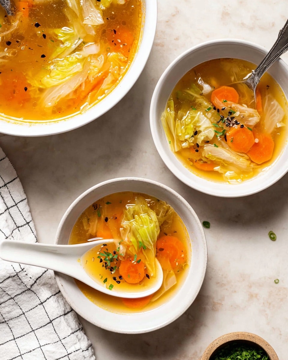 A clear broth soup is shown in one large white bowl and two smaller white bowls on a white marbled surface. The soup has layers of thinly sliced orange carrots, translucent cabbage pieces, and green chopped herbs floating in the light brown broth. One small bowl holds a white ceramic spoon resting on top, with yellow broth and green garnish inside the spoon. The soup looks fresh and sprinkled with small black seeds and green herbs. A woman's hand holds a silver ladle scooping some soup from the large bowl. A white cloth with thin black lines is partly visible on the side. Photo taken with an iphone --ar 4:5 --v 7