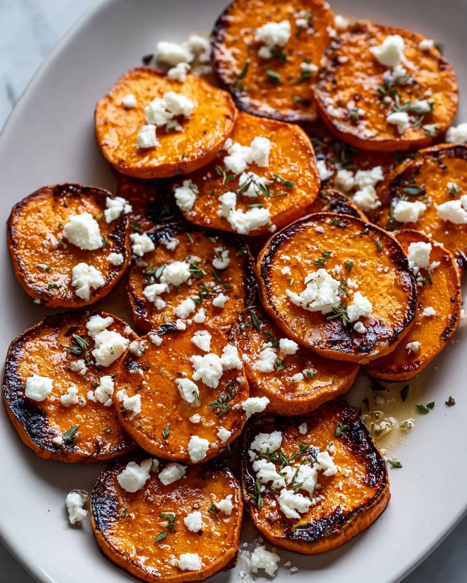 A white plate filled with multiple slices of roasted sweet potatoes arranged closely, each slice showing a bright orange color with some charred dark brown spots on the surface. The sweet potato skins are a light purple-brown color, framing the orange flesh. On top of the slices, small white crumbles of feta cheese are scattered evenly, along with tiny green parsley bits sprinkled for color contrast. A thin drizzle of honey or syrup shines lightly over the potatoes, adding a glossy effect. The plate rests on a white marbled textured background. photo taken with an iphone --ar 4:5 --v 7