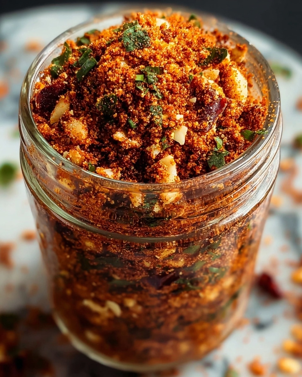 A close-up view of a clear glass jar filled with a textured spice mix showing several layers: a base of finely ground orange-brown powder with green herb flakes scattered throughout, topped with chunks of white pieces mixed in with dark brown dried bits, and a final layer sprinkled with bright orange-red powder mixed with small green herb bits. The jar is on a white marbled textured surface with some scattered bits nearby. photo taken with an iphone --ar 4:5 --v 7