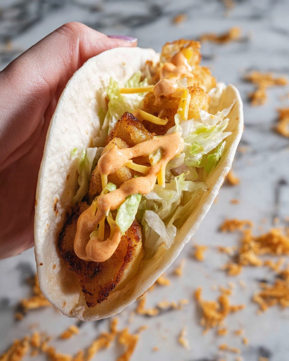 A close-up view of a small soft taco held by a woman's hand, wrapped in a white, slightly folded tortilla. Inside the taco, there are three main layers visible: first, a layer of crispy, golden brown fried pieces that appear crunchy; second, a layer of shredded pale green lettuce; third, a layer of shredded yellow cheese on top. An orange creamy sauce is drizzled over the fried pieces and lettuce. The background shows a white marbled surface with scattered small crispy bits. photo taken with an iphone --ar 4:5 --v 7