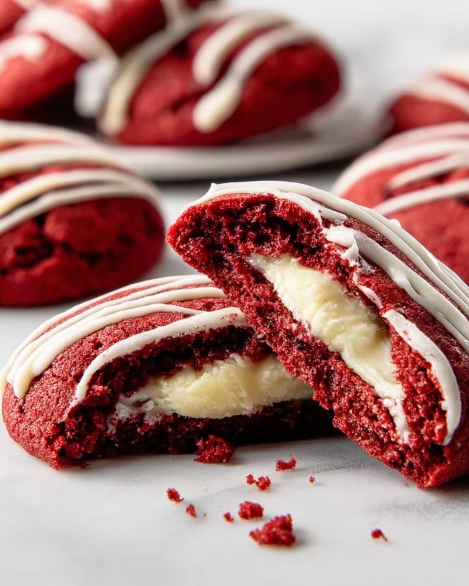 The image shows two soft red velvet cookies on a white marbled surface, one whole and one broken in half resting on top. Each cookie has one layer of deep red velvet dough with a moist texture, and the broken cookie reveals a creamy white filling inside. Both cookies have thin, uneven white icing lines drizzled across the top, adding a smooth and glossy texture. The background is softly blurred with more red velvet cookies visible, creating a cozy and inviting feel. Photo taken with an iphone --ar 4:5 --v 7