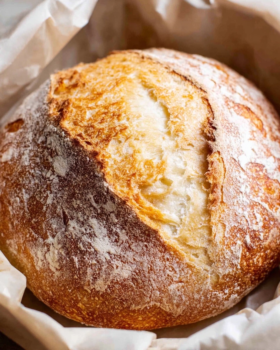 A round loaf of bread with a thick, golden brown crust and a darker caramelized split down the center sits in a white bowl lined with crinkled light brown parchment paper. The bread’s surface shows a dusting of white flour, giving it a rustic look. The bowl rests on a white marbled surface with subtle grey veining, enhancing the warm tones of the bread and parchment inside. photo taken with an iphone --ar 4:5 --v 7