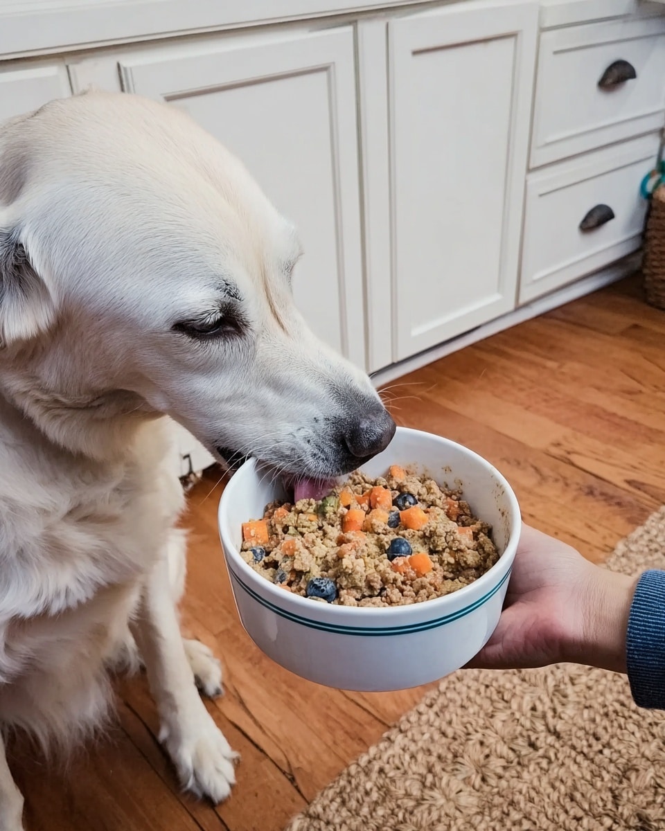 The image shows a white dog eagerly eating from a white bowl with a blue stripe, held by a woman's hand. The bowl is filled with a mix of dog food consisting of brown, crumbly meat-like chunks mixed with small orange carrot pieces and dark blueberries. The scene is set on a wooden floor next to a white kitchen cabinet, with a woven rug visible in the background. The dog's fur is smooth and light-colored, and its tongue is out as it eats from the bowl. photo taken with an iphone --ar 4:5 --v 7