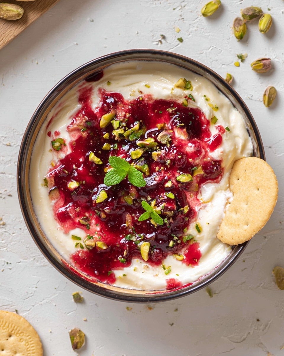 A white bowl filled with a thick white creamy base, topped with a bright red chunky fruit compote that is spread unevenly across the surface. Scattered over the red compote are small pieces of chopped green pistachios and a few fresh green mint leaves. The bowl sits on a white marbled surface, near three plain round crackers and a wooden board with more chopped pistachios and a white flower with a pink center. A small white ceramic dish with honey and a glass of orange juice are partly visible nearby. photo taken with an iphone --ar 4:5 --v 7