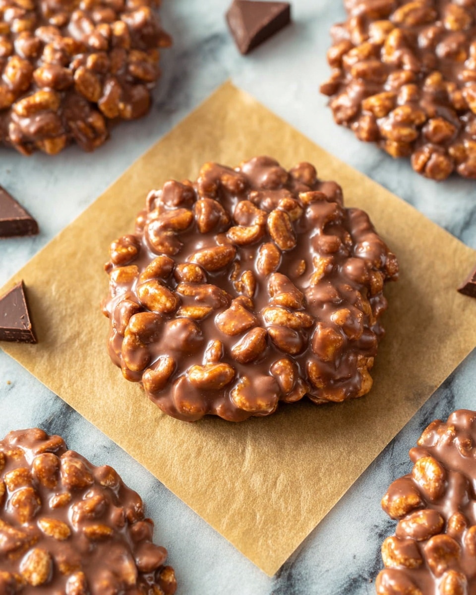 A close-up top view of a single round chocolate peanut cluster sitting on a square piece of light brown parchment paper, showing a bumpy texture with many glossy milk chocolate-coated peanuts sticking out. The cluster is surrounded by similar clusters arranged on a dark surface with a few scattered chocolate chips, the dark surface replaced by a white marbled texture for description. The chocolate looks smooth and shiny, with the peanuts adding a rough, lumpy feel on top. Photo taken with an iphone --ar 4:5 --v 7