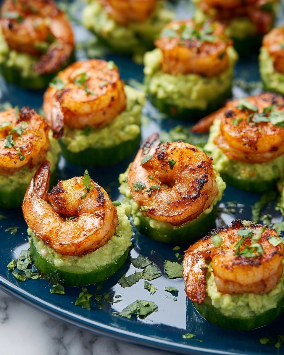 The image shows a close-up of several small appetizers arranged closely together. Each piece has three layers: the bottom layer is a circular slice of cucumber, light green with a smooth texture; the middle layer is a dollop of creamy, mashed avocado that is bright green and slightly textured; the top layer is a single grilled shrimp, curled and golden-orange with charred marks and small green herb bits scattered on it. The appetizers are placed on a shiny white marbled surface, making the colors of the food stand out. Photo taken with an iphone --ar 4:5 --v 7