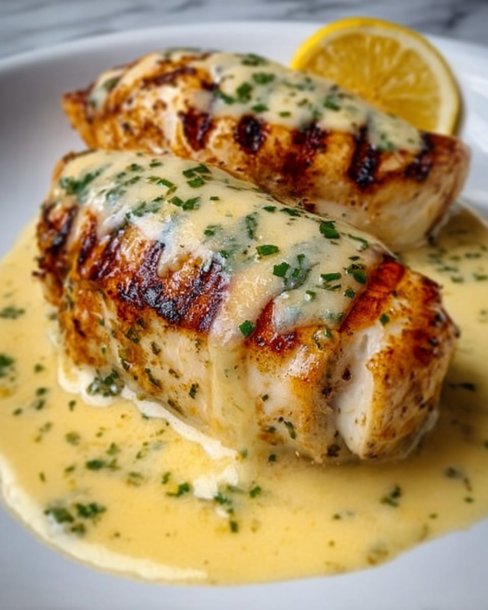 The image shows two grilled chicken breasts placed side by side on a white plate, covered in a thick layer of creamy yellow sauce that pools around the base of the chicken. The chicken has clear grill marks with a slightly charred and golden brown color. The sauce has small green herb pieces sprinkled on top, giving a fresh look. Small bits of herbs also lie on the plate’s edge, partially touching slices of lemon that peek from the side. The background is a white marbled surface. Photo taken with an iphone --ar 4:5 --v 7