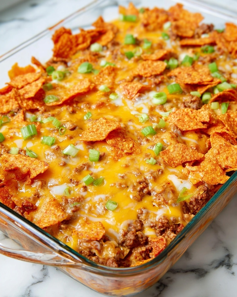 The dish is a layered casserole served in a clear glass baking dish on a white marbled surface. The bottom layer shows a mix of browned ground meat and beans with a slightly chunky texture and brownish color. Above that, there is a layer of crushed, crunchy orange corn chips spread unevenly, adding a rough texture. The topmost layer is a melted mix of yellow and white cheese, smooth and gooey, covering the corn chips. Bright green chopped scallions are dotted across the surface, adding small pops of color and freshness. The overall look is warm and cheesy with contrasting rough and smooth textures. Photo taken with an iphone --ar 4:5 --v 7