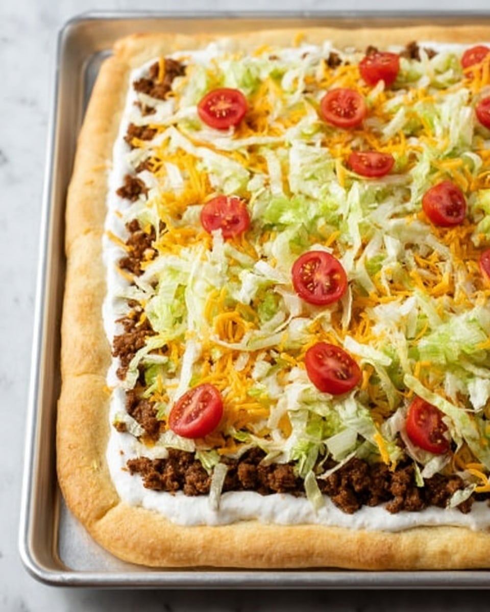 The image shows a close-up of a pizza slice with three visible layers: a golden-brown crust base, a thick layer of dark brown cooked meat, and a topping of white melted cheese mixed with small pieces of light green lettuce and bright red cherry tomato halves scattered on top. The cheese looks creamy and soft, and the tomatoes are fresh and juicy. The pizza is set on a white plate, placed over a white marbled surface, with a blurred background showing more pizza slices. photo taken with an iphone --ar 4:5 --v 7