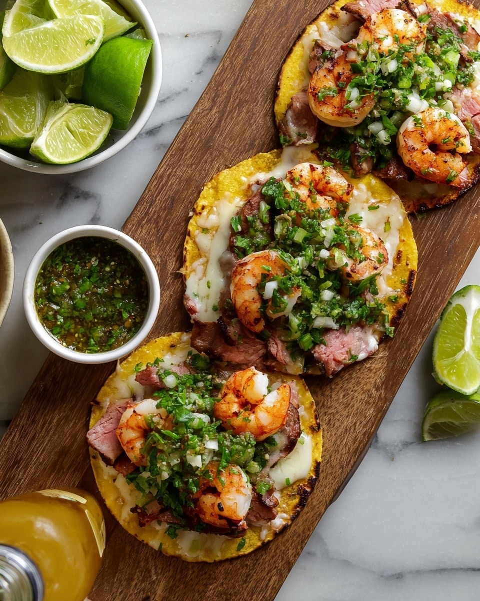 The image shows three tacos on a wooden board, each with a yellow, slightly crispy tortilla base. The first layer on the tortilla is melted white cheese spread evenly. On top of the cheese, there are slices of pink grilled meat and golden-brown grilled shrimp. The final layer consists of fresh green chopped herbs mixed with bits of white onion spread over the shrimp and meat. To the side, a white bowl holds a green herb sauce with visible herbs and spices. A white bowl filled with lime wedges sits above the tacos, and a yellow drink bottle with a silver cap is visible at the bottom left corner. The background is a white marbled surface. photo taken with an iphone --ar 4:5 --v 7