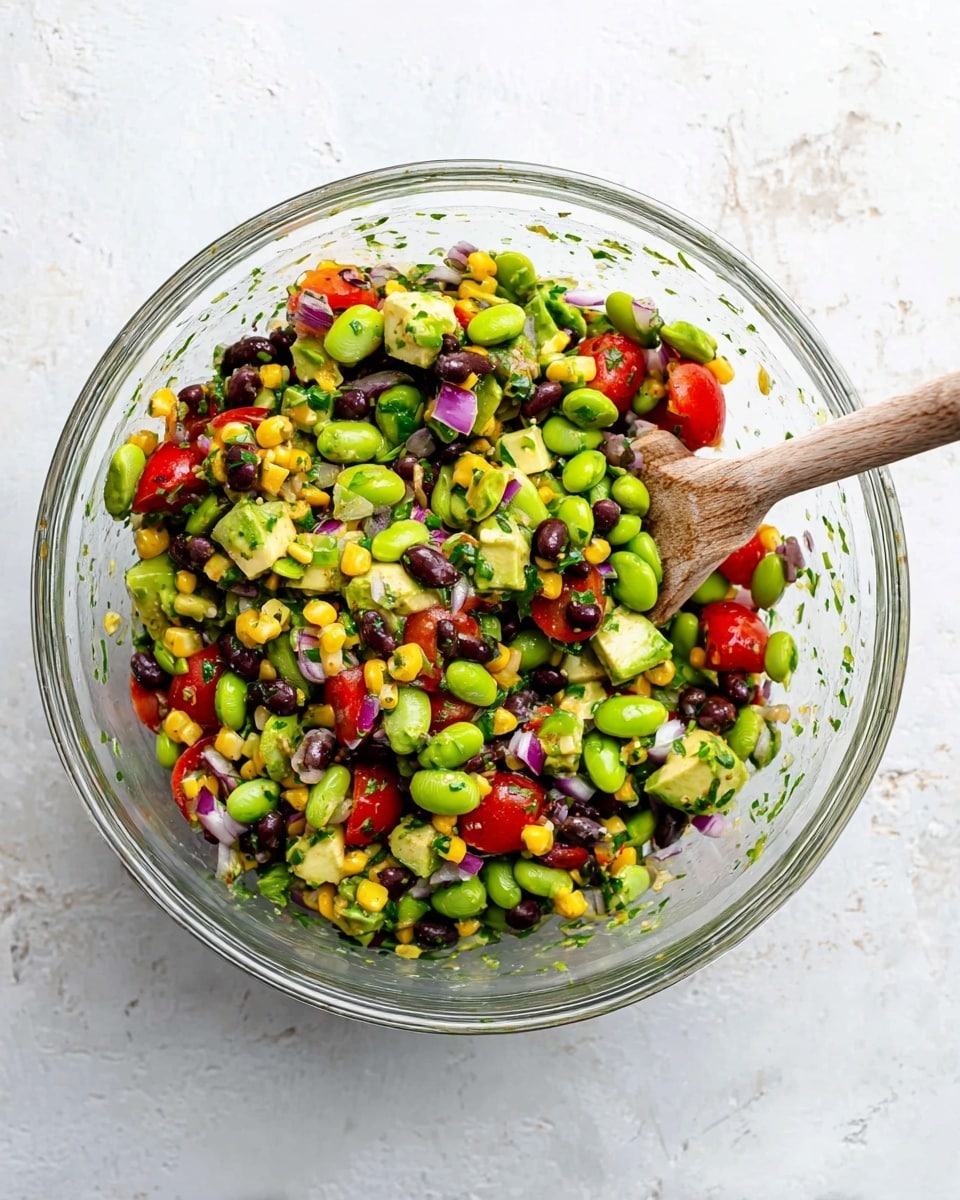 A clear glass bowl filled with a colorful mixed salad, showing layers of green edamame beans, yellow corn, black beans, red cherry tomato halves, diced light green avocado pieces, and small bits of purple onion, all evenly mixed with green herbs scattered throughout; a wooden spoon with a light brown handle rests inside the bowl on a white marbled surface. photo taken with an iphone --ar 4:5 --v 7