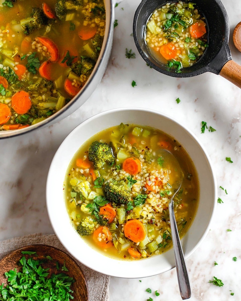 The image shows a bowl of vegetable soup with visible layers of orange carrot slices, green broccoli florets, light green celery pieces, and soft yellow grains in a clear broth. The soup fills a white bowl, with a silver spoon resting inside it. In the background, there is a large white pot filled with the same soup and a black ladle with a wooden handle scooping the soup. Fresh green herbs are scattered around on a white marbled surface, adding freshness to the scene. photo taken with an iphone --ar 4:5 --v 7