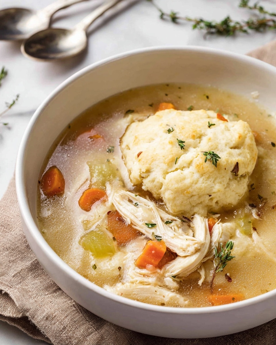 A white bowl filled with a clear chicken soup base containing shredded white chicken pieces, small orange carrot chunks, and green celery bits, all floating in a light broth. On the right side of the bowl, a large, golden-brown biscuit rests partially submerged, showing a soft, fluffy texture with some green herb specks. The bowl is placed on a dark cloth on top of a white marbled surface with a small part of another similar bowl visible in the background. photo taken with an iphone --ar 4:5 --v 7