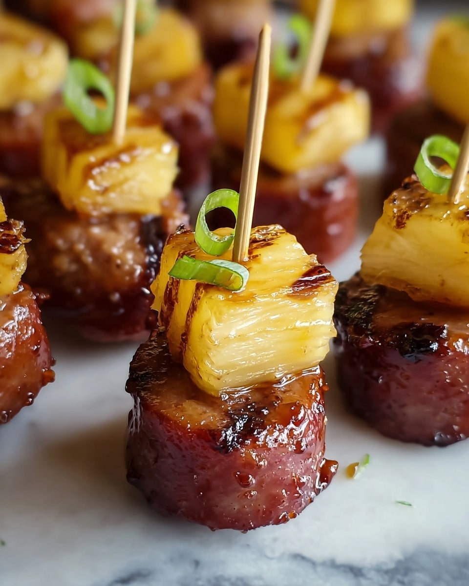 The image shows small round pieces of grilled sausage with a shiny, brown surface from a glaze, each topped with a golden-yellow grilled pineapple chunk that has slight caramelized edges. Each snack is held together with a toothpick piercing through the pineapple and sausage. Some pieces have a small green garnish on top, likely leek or green onion. The snacks are closely placed on a white marbled surface, creating a warm and appetizing look. Photo taken with an iphone --ar 4:5 --v 7