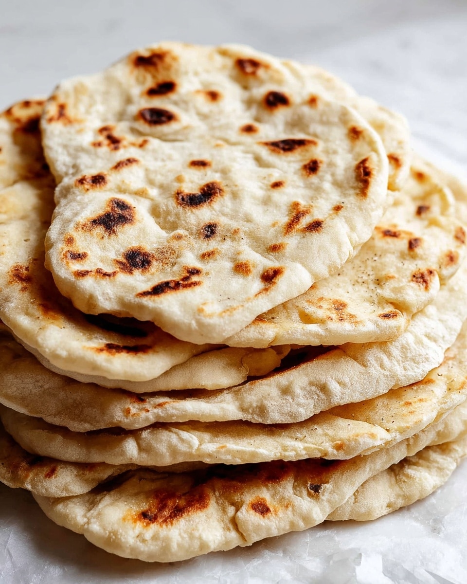 A stack of six irregular flatbreads with a soft, slightly puffy texture is shown resting on white parchment paper. The flatbreads are creamy beige in color with uneven golden-brown char spots scattered across the tops and edges, indicating they were cooked on a hot surface. The surfaces have small air bubbles and appear slightly flour-dusted. The stack lies on a white marbled background with a glimpse of a rolling pin and a wire whisk nearby, adding a rustic cooking atmosphere. photo taken with an iphone --ar 4:5 --v 7