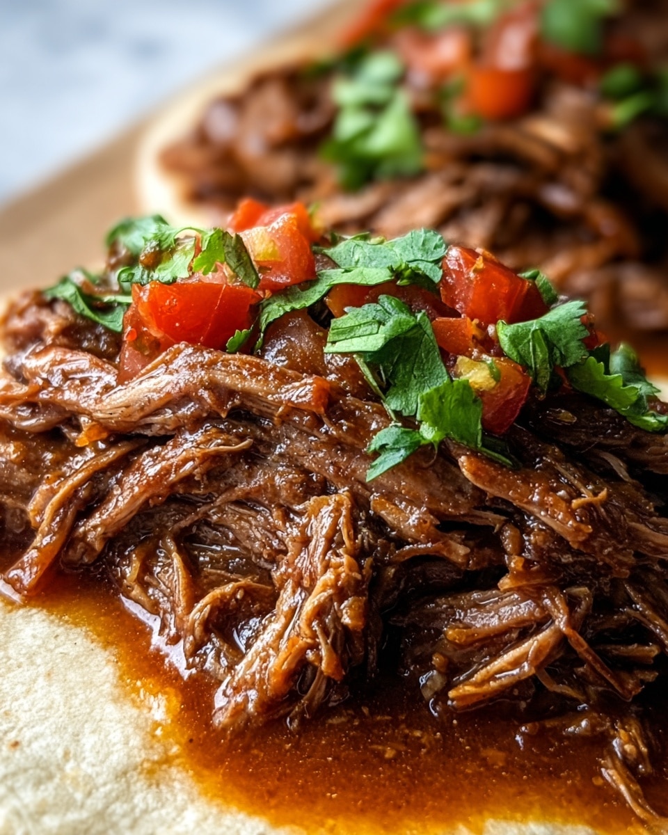 The image shows a close-up view of two soft tortillas filled with tender, shredded brown meat that looks juicy and moist. On top of the meat, there is a layer of bright red salsa with small chunks of tomato and bits of green cilantro leaves scattered around, adding a fresh touch. The tortillas are soft and light yellow, resting on a white marbled surface. The focus is mainly on the rich textures of the meat and the vibrant colors of the topping. photo taken with an iphone --ar 4:5 --v 7