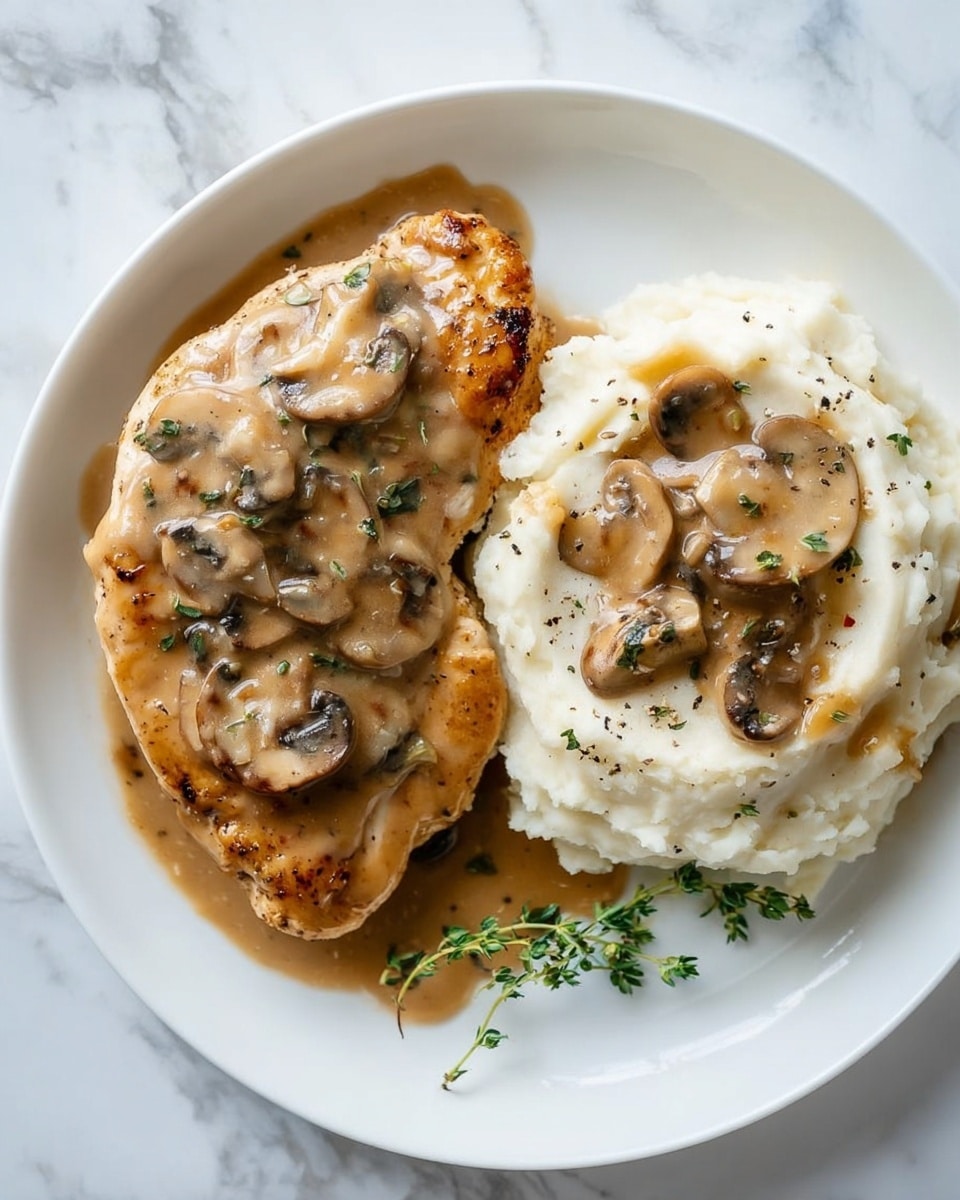 A white plate holds two main layers of food on a white marbled surface: on the left, a browned chicken breast covered with a thick light brown mushroom gravy with visible mushroom slices on top; on the right, a generous mound of creamy white mashed potatoes also topped with the same mushroom gravy and a few mushroom slices, sprinkled lightly with black pepper; a small sprig of fresh green herbs rests near the edge of the plate. Photo taken with an iphone --ar 4:5 --v 7