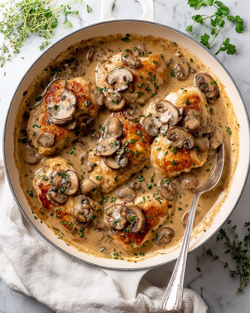 A white pan filled with six browned chicken breasts covered in a thick beige mushroom sauce with visible slices of cooked mushrooms sitting on top. Fresh green herb sprigs are scattered over the dish. A silver spoon rests on the right side inside the pan. The pan is placed on a white marbled surface with a soft white cloth nearby and green herbs on the side. photo taken with an iphone --ar 4:5 --v 7