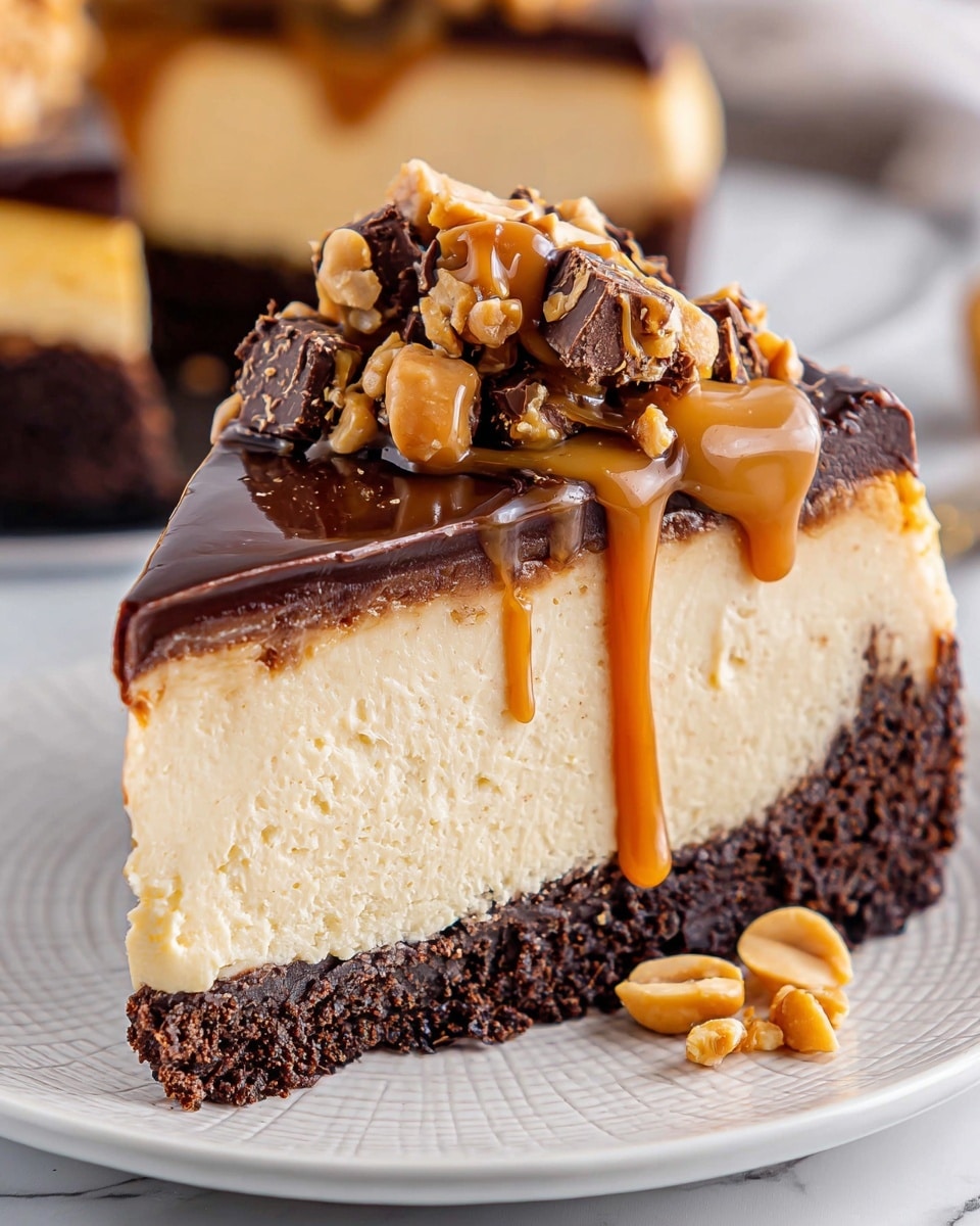 A round chocolate cake with a smooth, thick dark chocolate frosting covering the top and sides, showing shiny swirling patterns on the top layer. Around the edge, chopped peanut butter cups are scattered thickly, creating a textured border. One slice of the cake is cut and lifted slightly with a silver cake server, revealing the dark and moist cake layers underneath the glossy chocolate frosting. The cake sits on a white plate, placed on a white marbled surface. photo taken with an iphone --ar 4:5 --v 7
