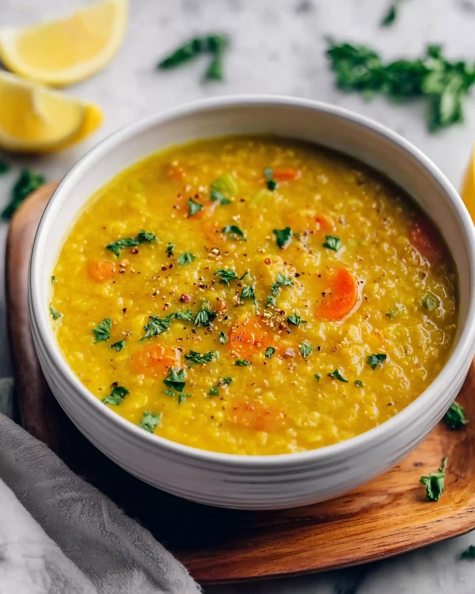 A bowl of thick yellow lentil soup with visible small orange carrot slices and bits of green herbs sprinkled on top. The soup looks smooth with some texture from the lentils and vegetables. The bowl is white and placed on a wooden tray, set on a white marbled surface. On the side, there are lemon wedges and some green herbs scattered around, with a soft white cloth also partly visible. The lighting is bright, showing the warmth and freshness of the soup. Photo taken with an iphone --ar 4:5 --v 7