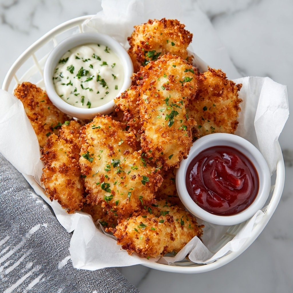 A basket lined with white parchment paper holds a pile of golden brown crispy chicken tenders, each coated with a crunchy, textured breadcrumb layer and garnished with small green herb bits. On the left side of the basket is a small white bowl filled with creamy white dipping sauce, sprinkled with green herbs, while on the right side sits another small white bowl containing smooth red ketchup. The basket rests on a white marbled surface with a striped cloth nearby. photo taken with an iphone --ar 4:5 --v 7