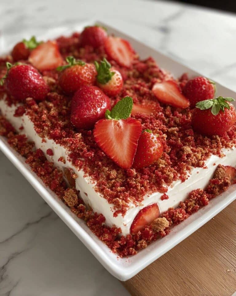 Strawberry Layer Cake with Strawberry Crunch Topping and Homemade Whipped Cream Recipe