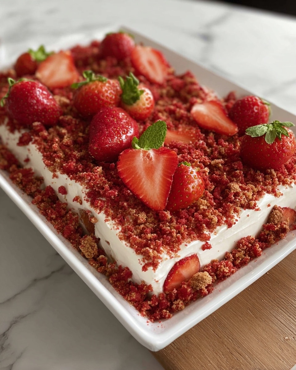 The dish is a dessert served on a white rectangular plate, with a base layer of smooth white cream. On top of the cream is a thick layer of crushed red and light brown crumbs, creating a coarse texture. Scattered evenly across the surface are several whole strawberries, some cut in half to show their bright red inside and green leafy tops. The plate is placed on a white marbled texture surface with a soft kitchen background visible. Photo taken with an iphone --ar 4:5 --v 7