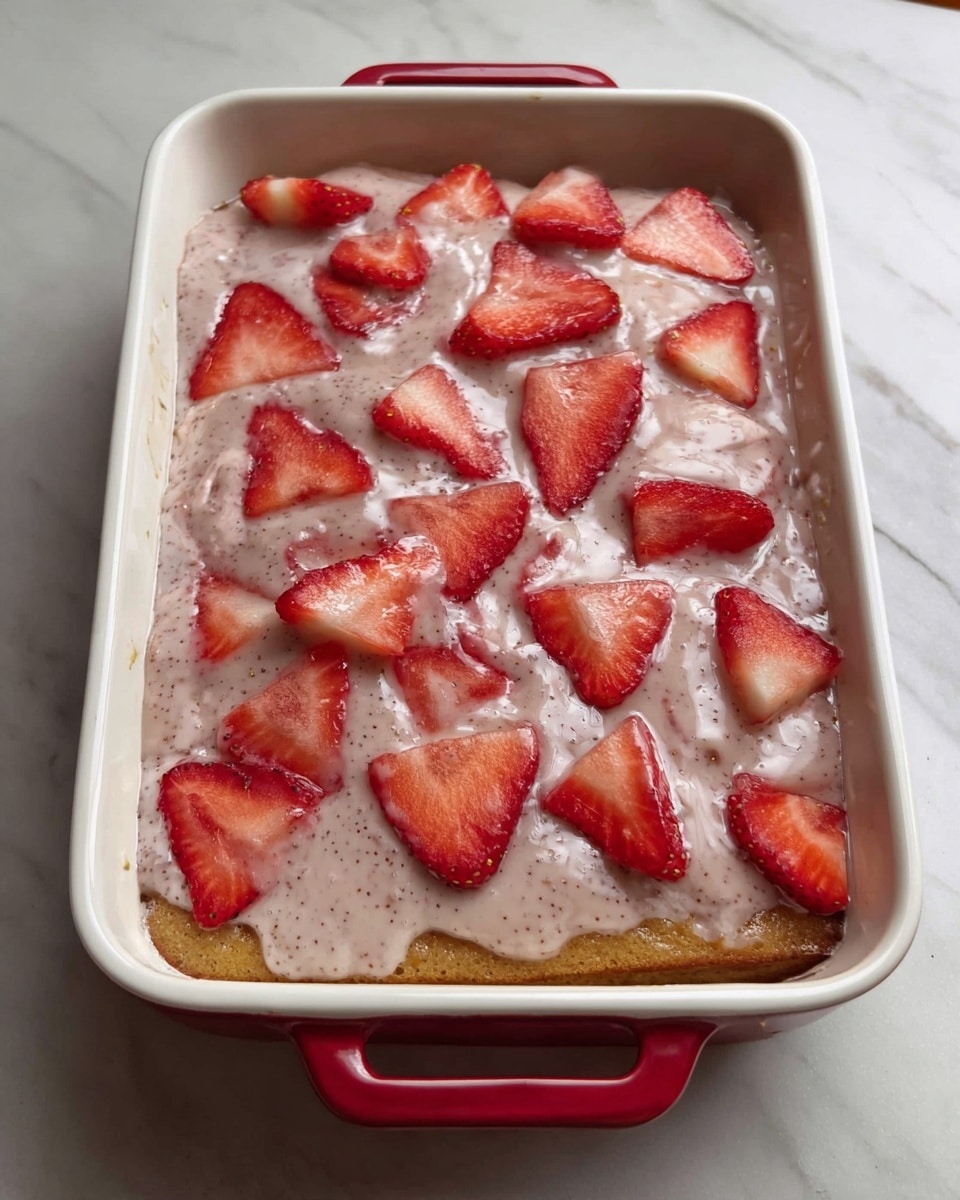 The image shows a dessert in a white rectangular dish with red handles, placed on a white marbled surface. The dish contains two visible layers: the bottom layer is a golden-brown cake, and the top layer is a creamy, light pink sauce with seeds speckled on the surface. Sliced strawberries are evenly spread on top of the sauce, their bright red-pink color standing out against the creamy layer. The sauce has a shiny, slightly glossy texture, and it seems to partly cover the cake below. photo taken with an iphone --ar 4:5 --v 7