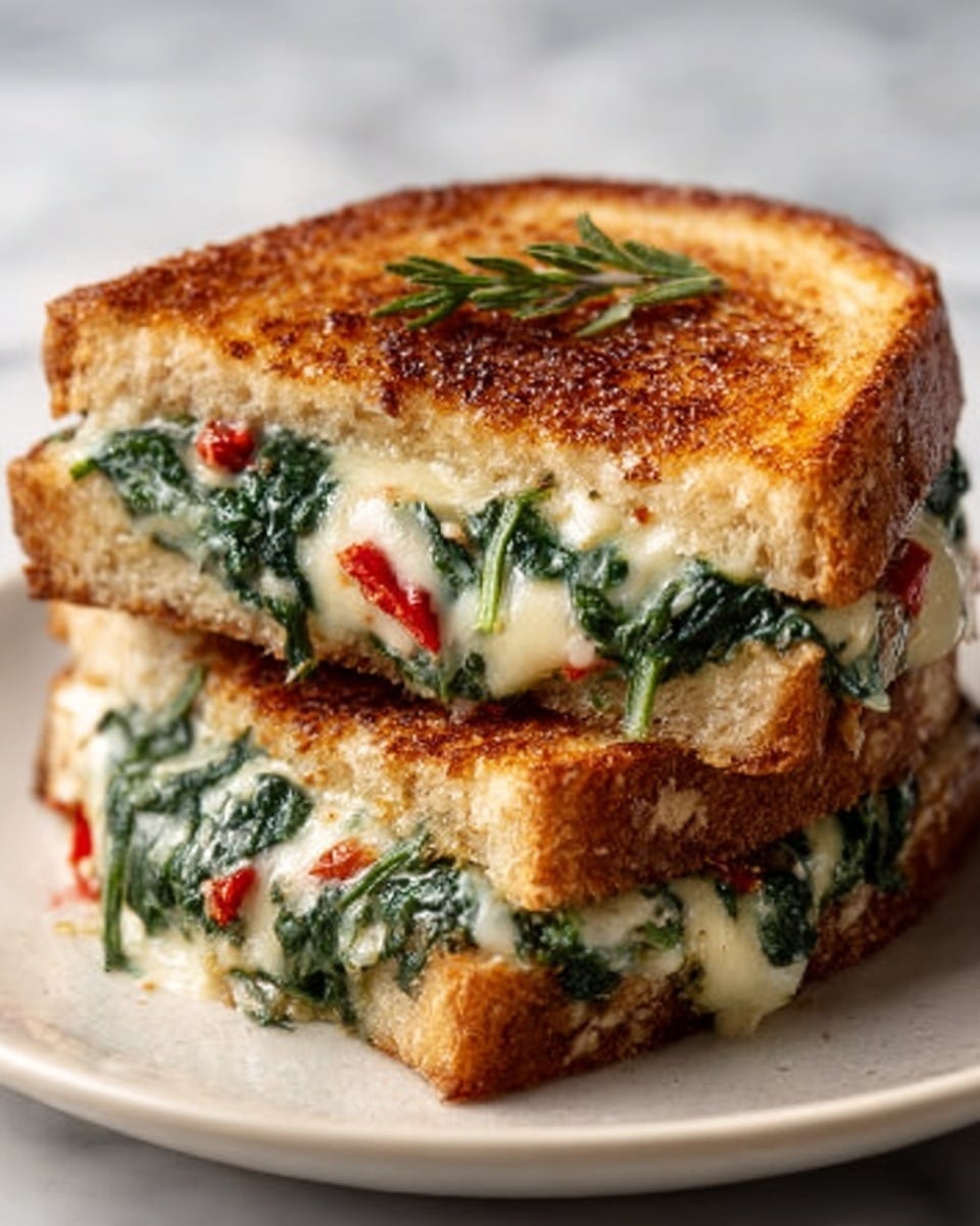 The image shows two toasted sandwich halves stacked on top of each other on a white plate. The sandwich bread is golden brown and crispy with grill marks. Inside, there are layers of melted white cheese that is gooey and stretchy, with cooked green spinach and small pieces of red bell pepper mixed in. A small green herb garnish sits on top of the upper sandwich half. The background is a white marbled texture. photo taken with an iphone --ar 4:5 --v 7