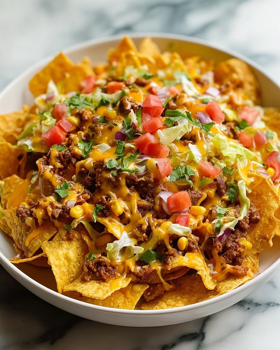 A white bowl filled with layers of crispy, golden tortilla chips as the base, topped with browned ground beef scattered evenly. On top, there are bright yellow melted shredded cheese strands draped over the chips and beef. Diced red tomatoes and bits of yellow corn are spread throughout, adding color contrast. Small pieces of shredded pale green lettuce are mixed in, with chopped green herbs sprinkled on the very top for freshness. The dish looks rich and textured with a mix of crunchy and soft elements, all set on a white marbled surface. Photo taken with an iphone --ar 4:5 --v 7