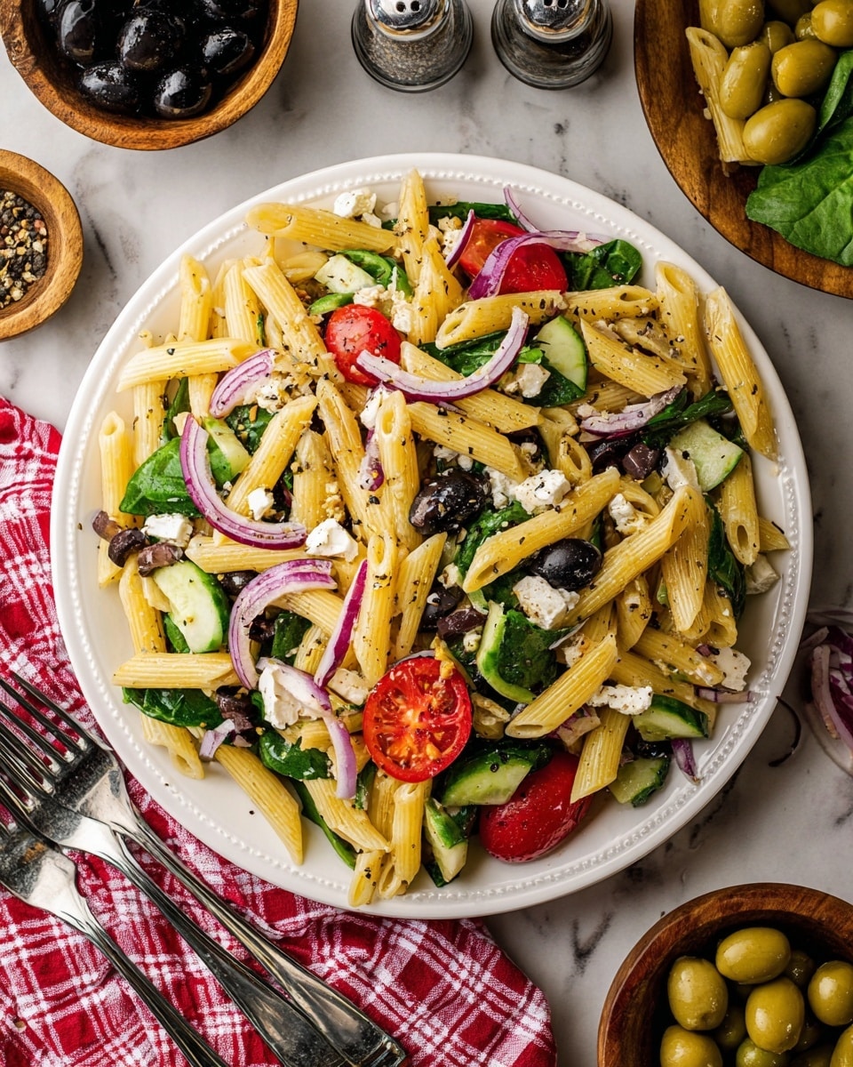 A large white bowl filled with a colorful pasta salad sits on a white marbled surface. The salad has one main layer of penne pasta with pieces of green spinach leaves, dark black olives, sliced light green cucumbers, halved bright red cherry tomatoes, thin slices of purple onion, and small cubes of white feta cheese mixed together. The pasta and vegetables are coated lightly in herbs and oil giving a slightly glossy texture. Two metal spoons rest inside the bowl. Around the bowl, there are small white bowls filled with green and black olives, a white cutting board topped with some sliced cucumbers and cherry tomatoes, loose penne pasta pieces, salt and pepper shakers, a red and white checkered cloth, and a clear glass of dressing. The photo taken with an iphone --ar 4:5 --v 7