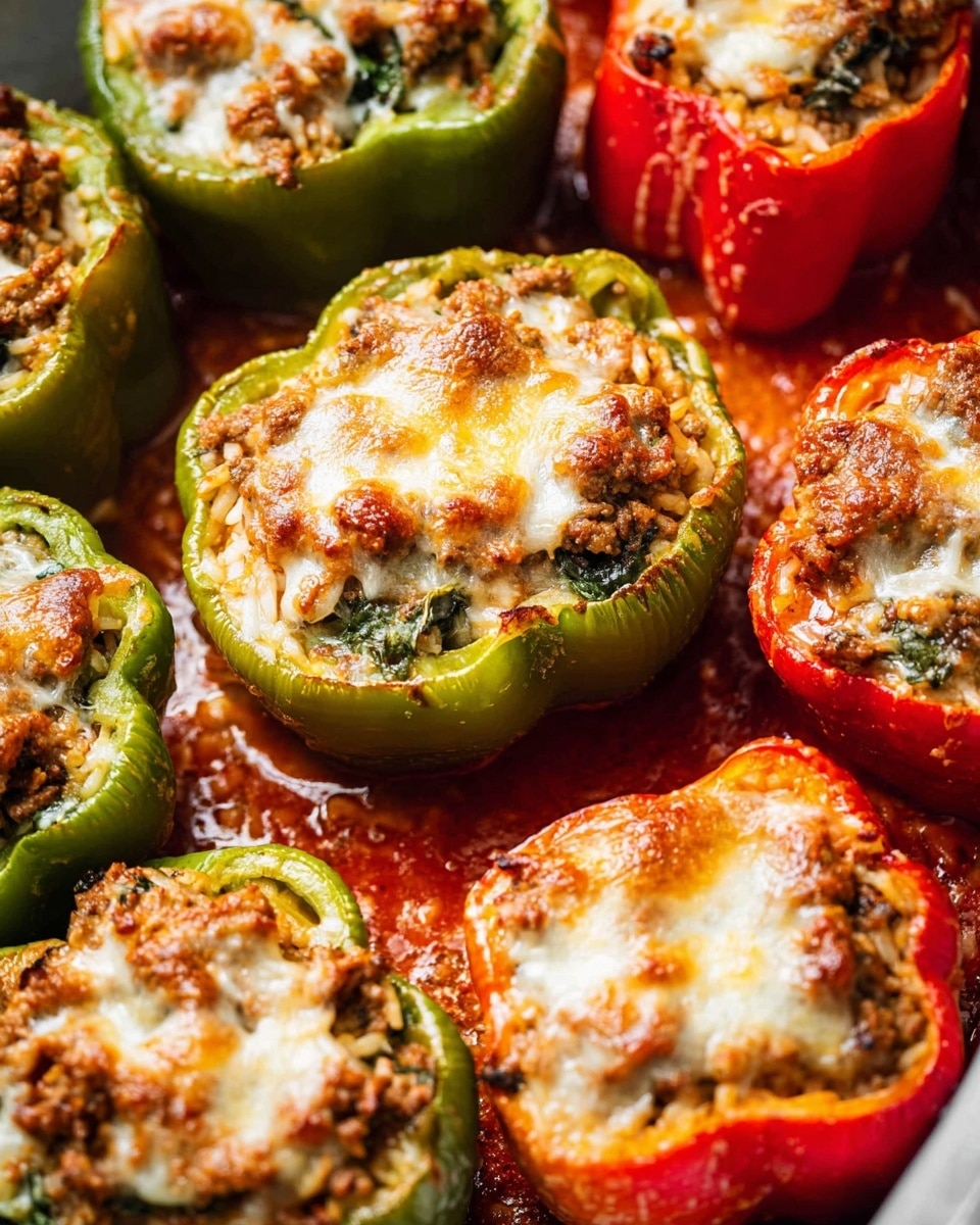 The image shows a close-up of stuffed bell peppers, cut in half and arranged in a baking dish. Each pepper has two visible layers: the bottom is a vibrant red or green pepper base with a smooth texture, filled with a mix of cooked ground meat and rice, which looks brown and slightly chunky with herb flecks. The top layer is melted cheese browned in spots, creamy white with golden bubbles. The peppers sit in a glossy red tomato sauce that lines the dish underneath. The background is a white marbled texture. photo taken with an iphone --ar 4:5 --v 7